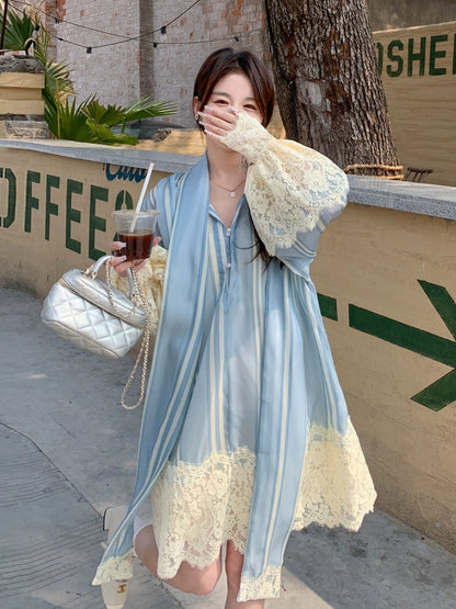 French lace splicing dress spring and autumn women's 2024 new high-end puff sleeve bow mid-length A-line skirt