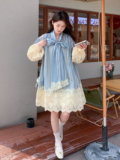 French lace splicing dress spring and autumn women's 2024 new high-end puff sleeve bow mid-length A-line skirt