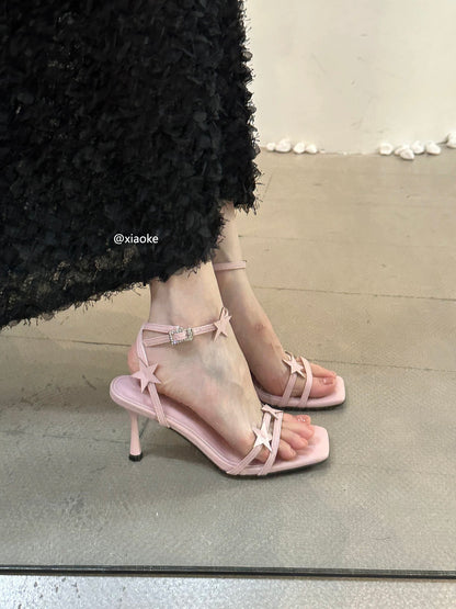 2025 New Pink Open-Toe High-Heeled Sandals for Women, Summer Stiletto Heels, Niche Design, High-Heeled Sandals/Slippers