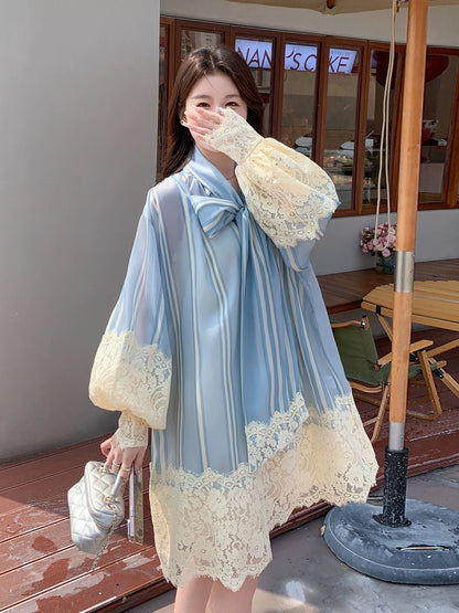 French lace splicing dress spring and autumn women's 2024 new high-end puff sleeve bow mid-length A-line skirt