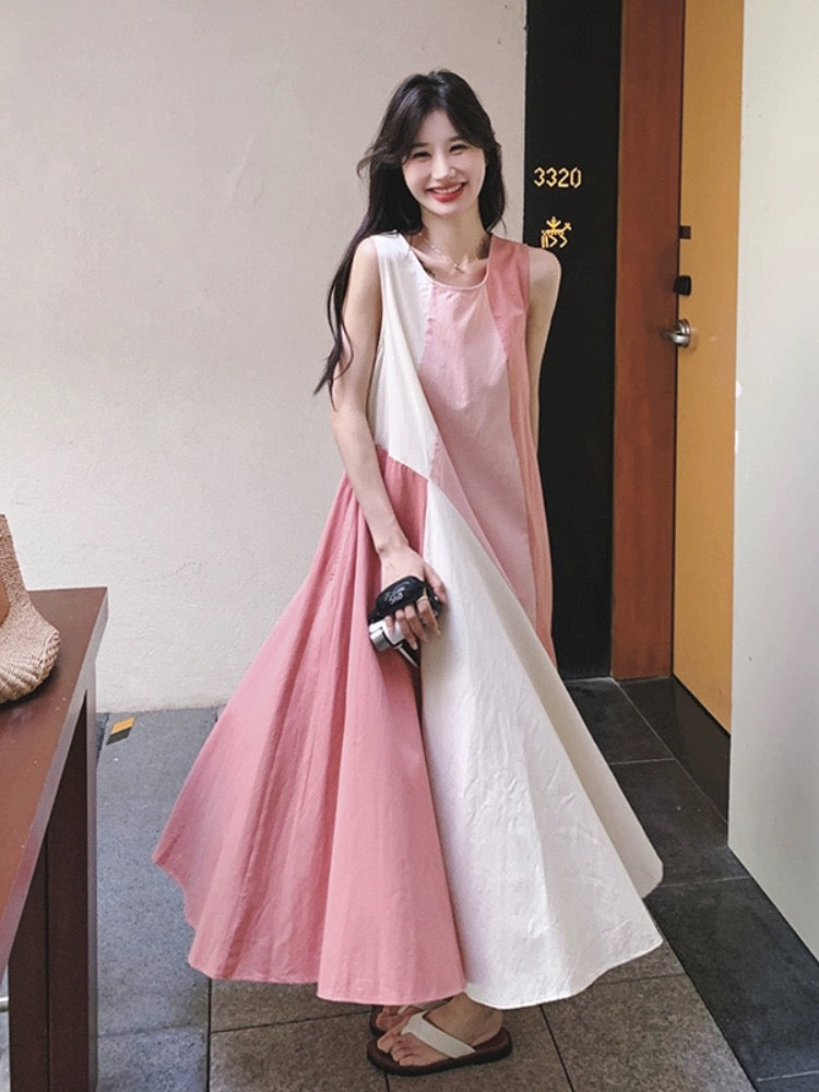 French design sense color matching internet celebrity vest dress summer new pink temperament holiday style long skirt with large skirt