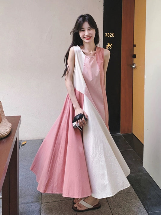 French design sense color matching internet celebrity vest dress summer new pink temperament holiday style long skirt with large skirt