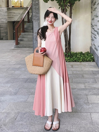 French design sense color matching internet celebrity vest dress summer new pink temperament holiday style long skirt with large skirt