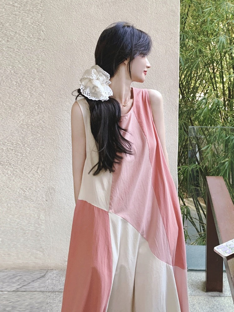French design sense color matching internet celebrity vest dress summer new pink temperament holiday style long skirt with large skirt
