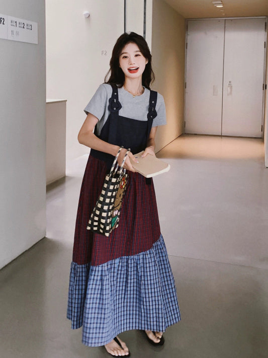 Plaid splicing suspender dress summer women's 2024 new retro college style loose long ankle-length skirt