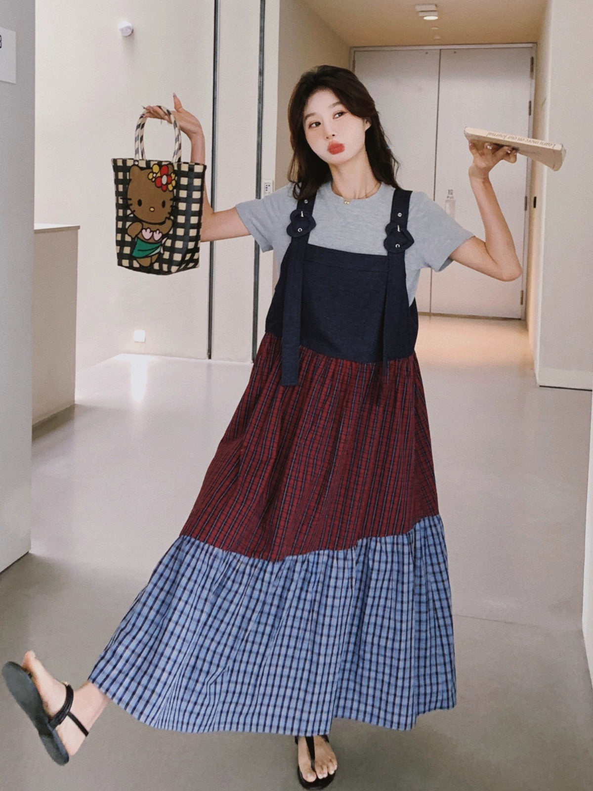 Plaid splicing suspender dress summer women's 2024 new retro college style loose long ankle-length skirt