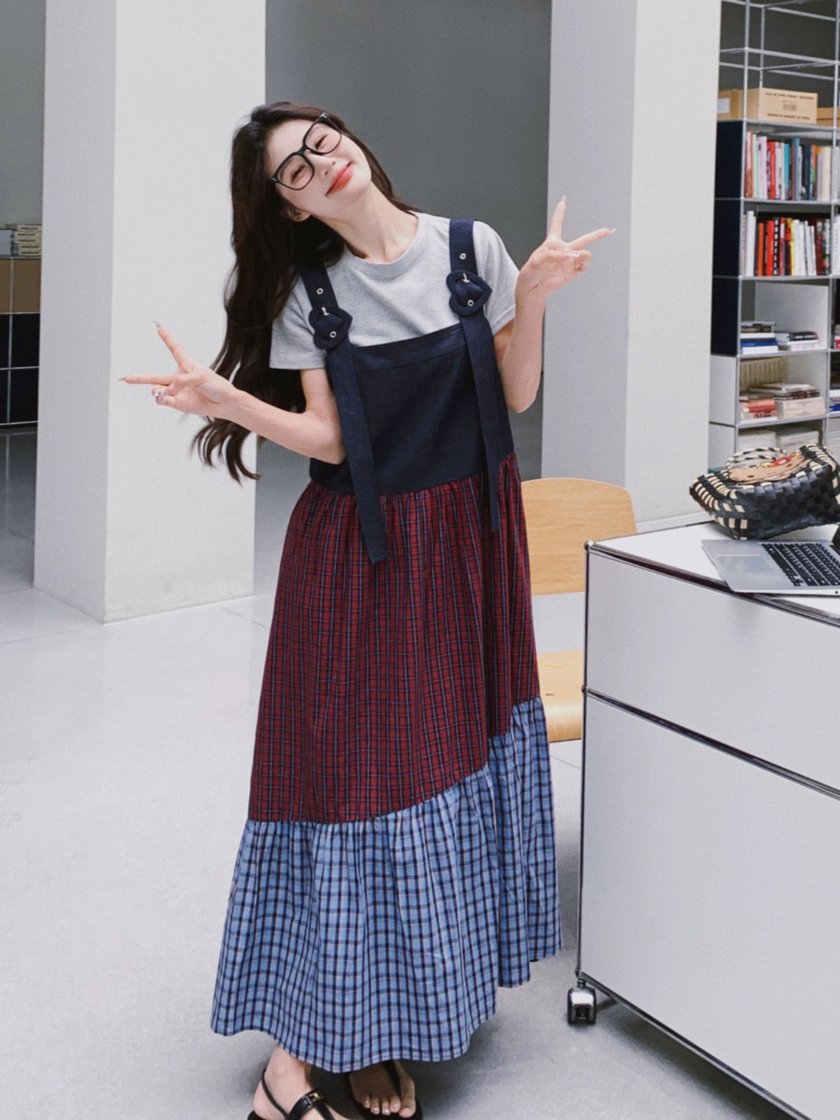 Plaid splicing suspender dress summer women's 2024 new retro college style loose long ankle-length skirt