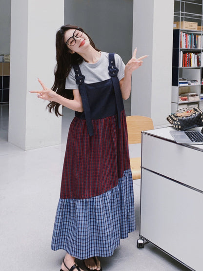 Plaid splicing suspender dress summer women's 2024 new retro college style loose long ankle-length skirt