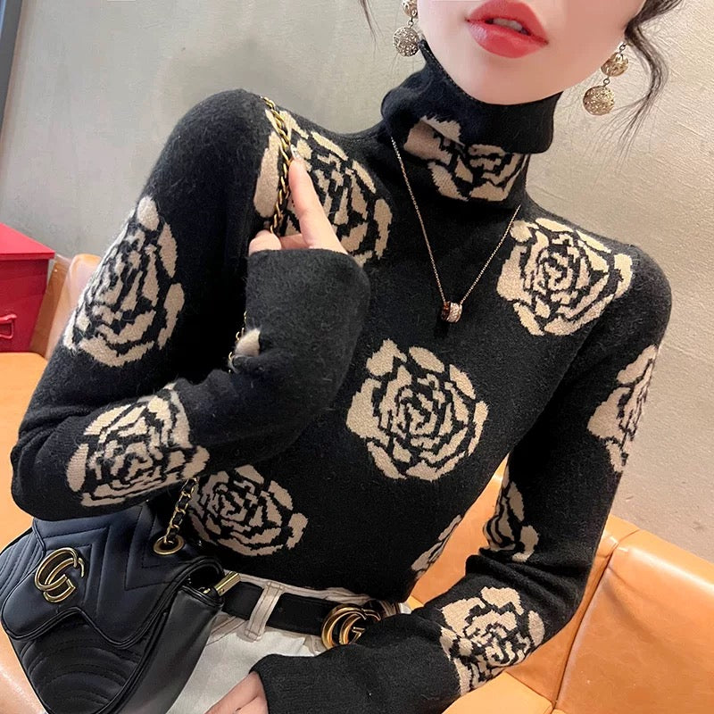 Turtleneck sweater autumn and winter women's 2024 new winter slim top pile collar bottoming shirt with western style women's clothing