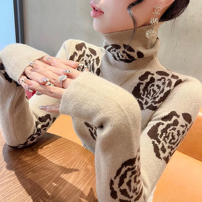 Turtleneck sweater autumn and winter women's 2024 new winter slim top pile collar bottoming shirt with western style women's clothing
