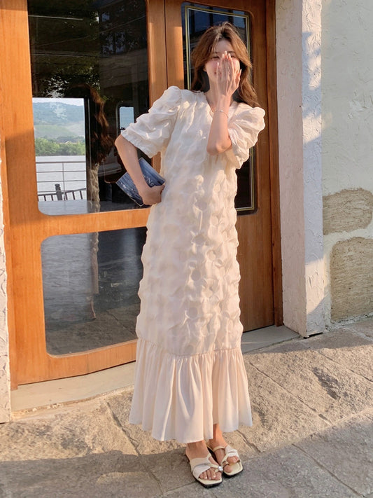 White textured dress for summer women 2024 new style gentle style slimming design fashionable long fairy skirt