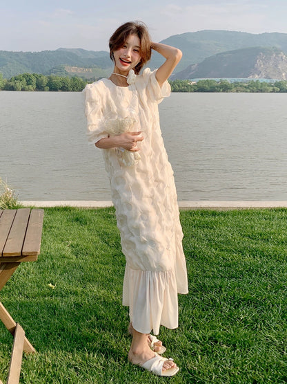 White textured dress for summer women 2024 new style gentle style slimming design fashionable long fairy skirt
