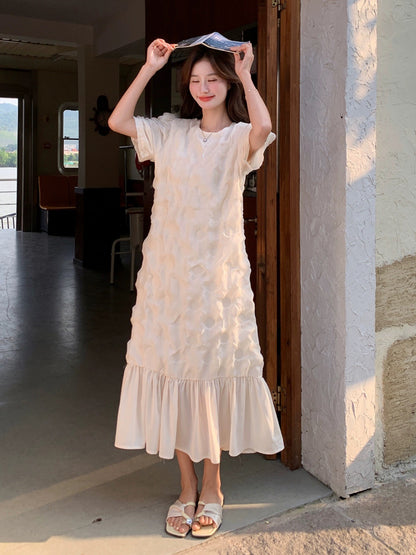White textured dress for summer women 2024 new style gentle style slimming design fashionable long fairy skirt