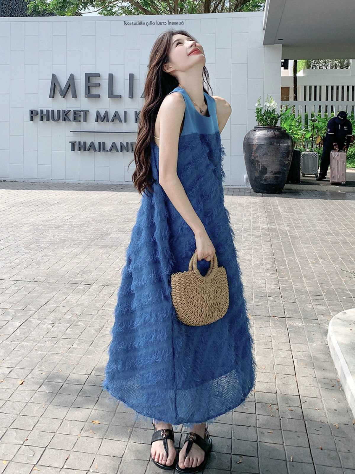 Blue tassel vest dress summer women's 2024 new style playful and cute age-reducing loose mid-length A-line skirt