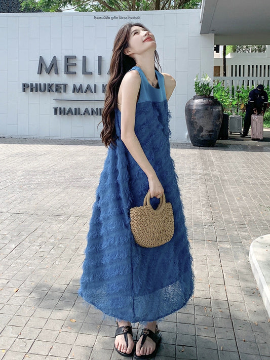 Blue tassel vest dress summer women's 2024 new style playful and cute age-reducing loose mid-length A-line skirt