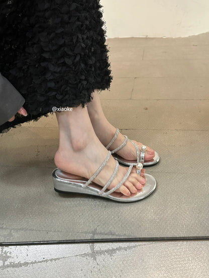 French-style slip-on sandals with rhinestones and pearls, unique style, perfect for summer wear, elegant silver slippers.