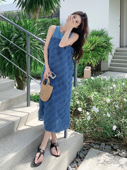 Blue tassel vest dress summer women's 2024 new style playful and cute age-reducing loose mid-length A-line skirt