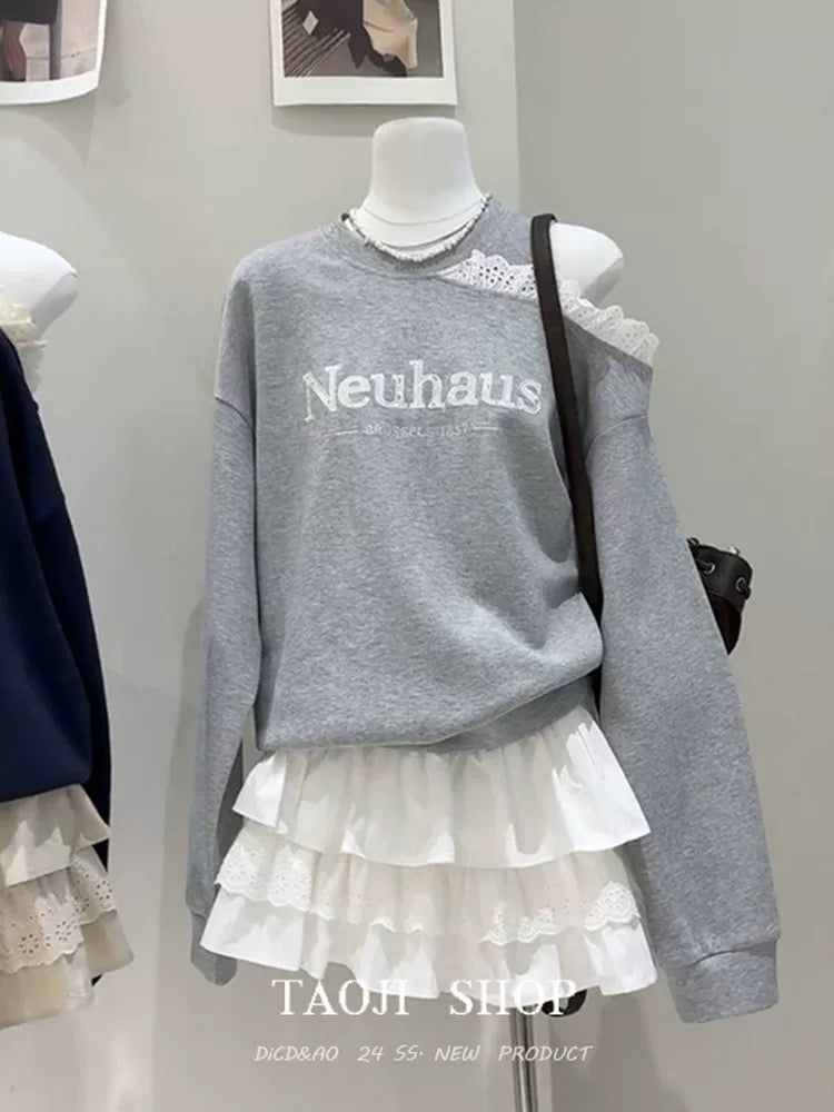 Korean lazy style letter printing hollow off-shoulder long-sleeved sweater for women in spring, new loose casual versatile tops
