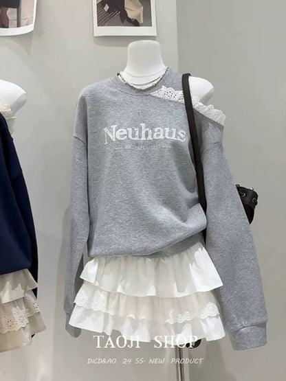 Korean lazy style letter printing hollow off-shoulder long-sleeved sweater for women in spring, new loose casual versatile tops