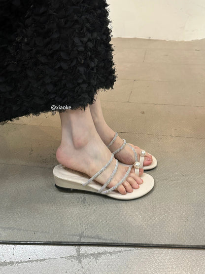 French-style slip-on sandals with rhinestones and pearls, unique style, perfect for summer wear, elegant silver slippers.