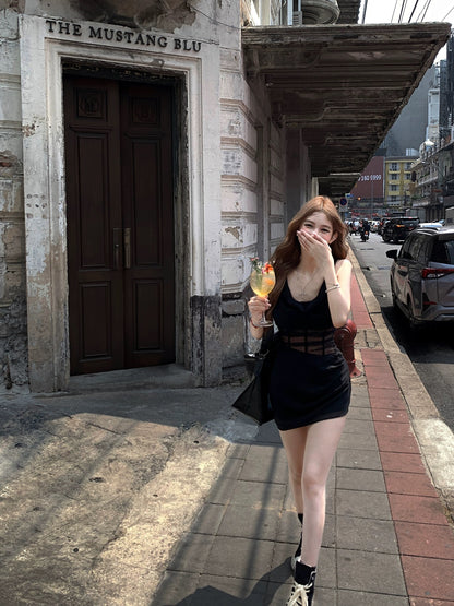 Tongiiuu wine rose design sexy swing collar suspender dress women's waist slimming hip A-line short skirt