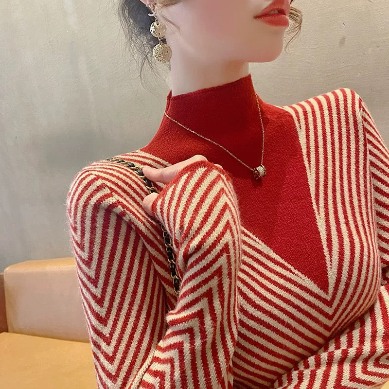 2024 early autumn new green striped half turtleneck bottoming shirt, fashionable and stylish knitted sweater inner layer