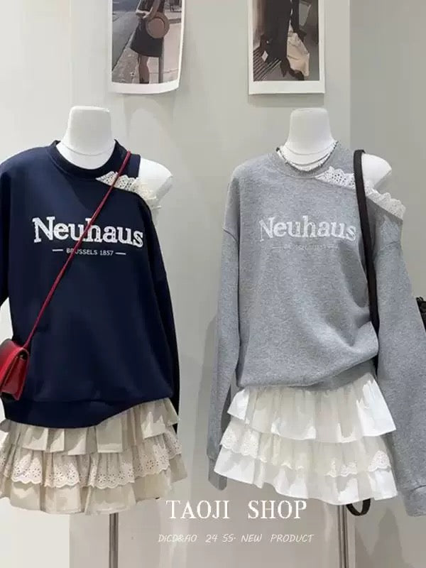 Korean lazy style letter printing hollow off-shoulder long-sleeved sweater for women in spring, new loose casual versatile tops