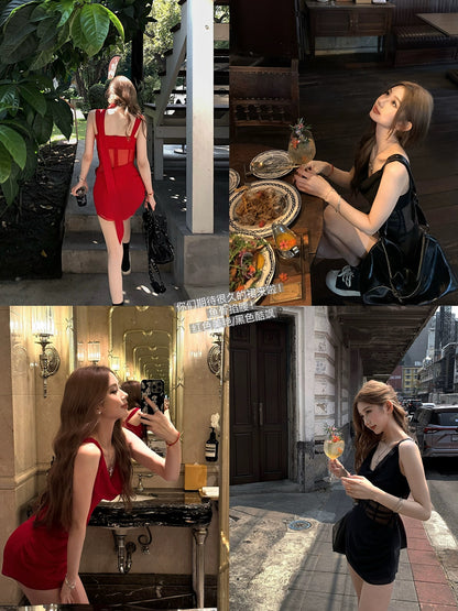 Tongiiuu wine rose design sexy swing collar suspender dress women's waist slimming hip A-line short skirt