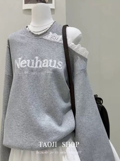 Korean lazy style letter printing hollow off-shoulder long-sleeved sweater for women in spring, new loose casual versatile tops