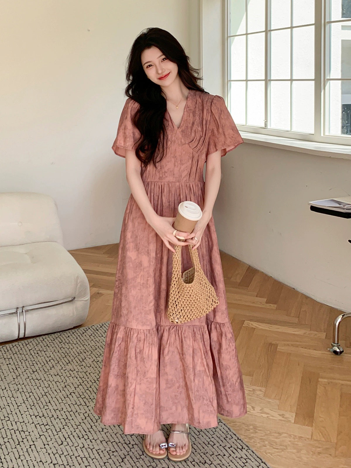 Dark pink tea break French floral dress women's summer 2024 new style waist slimming temperament long skirt