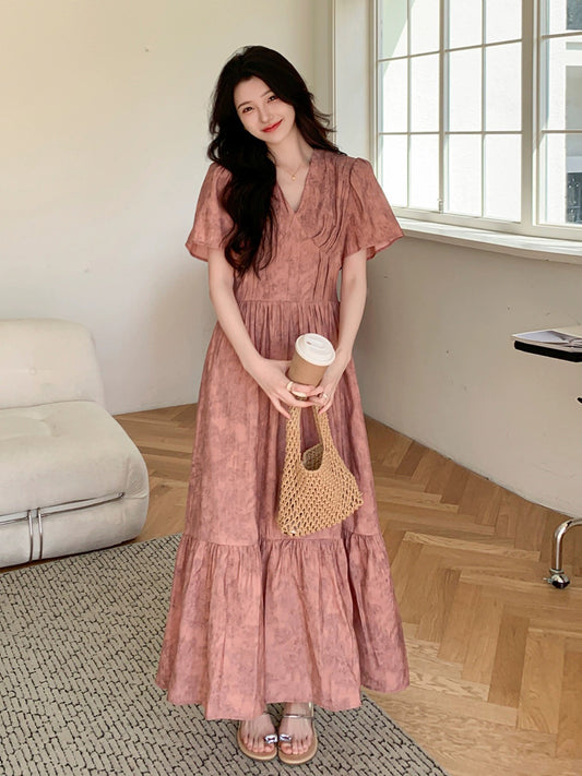Dark pink tea break French floral dress women's summer 2024 new style waist slimming temperament long skirt