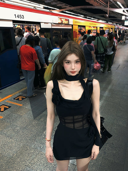 Tongiiuu wine rose design sexy swing collar suspender dress women's waist slimming hip A-line short skirt