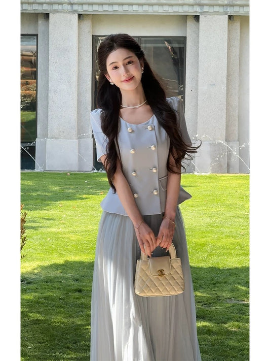 LILI Li Lijia [Sea Salt Ice Extract] Korean Gentle Style Jacket Gauze Skirt 2025 Summer New Product Blue Suit