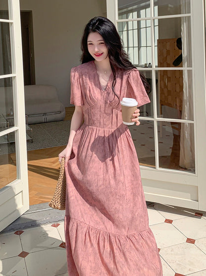 Dark pink tea break French floral dress women's summer 2024 new style waist slimming temperament long skirt