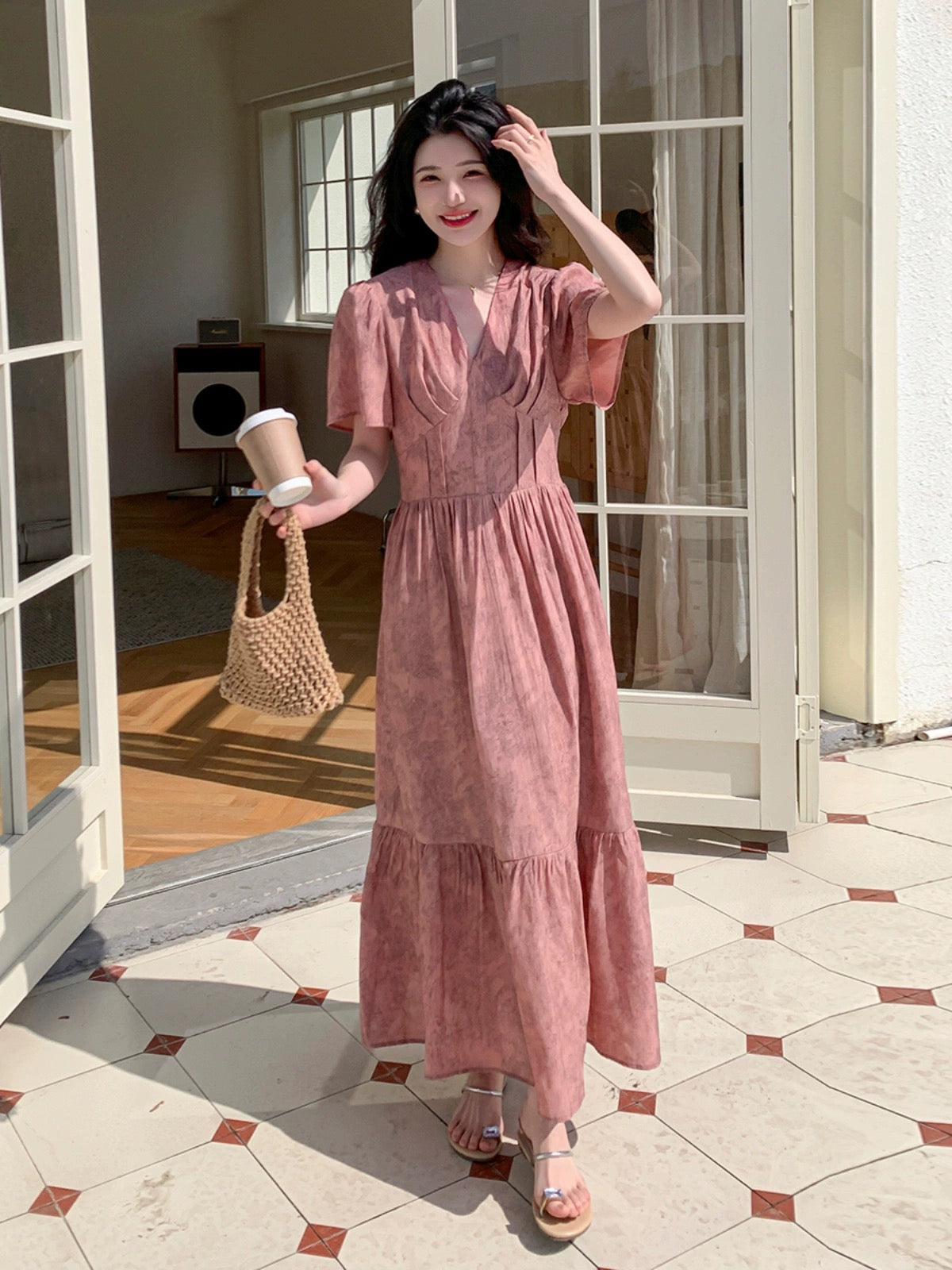 Dark pink tea break French floral dress women's summer 2024 new style waist slimming temperament long skirt