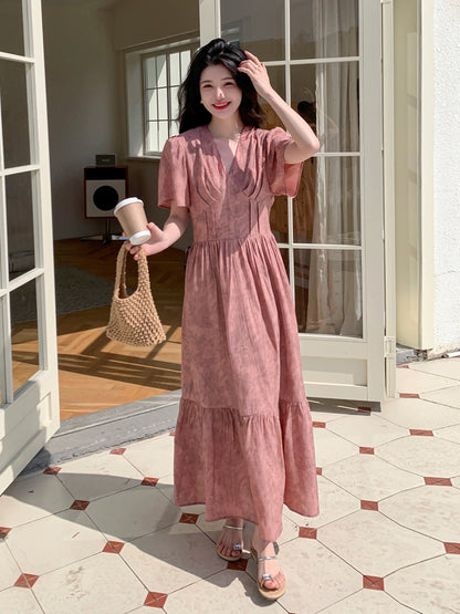 Dark pink tea break French floral dress women's summer 2024 new style waist slimming temperament long skirt