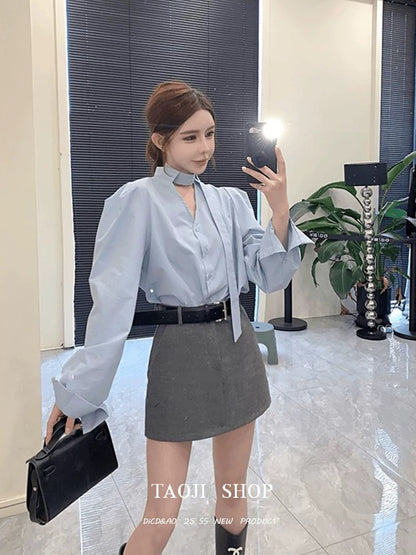 Korean style atmosphere outfit Spring and autumn 2025 new women's clothing hot-selling shirt light luxury high-end V-neck top