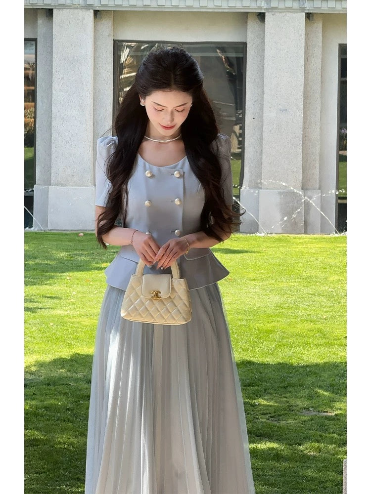 LILI Li Lijia [Sea Salt Ice Extract] Korean Gentle Style Jacket Gauze Skirt 2025 Summer New Product Blue Suit