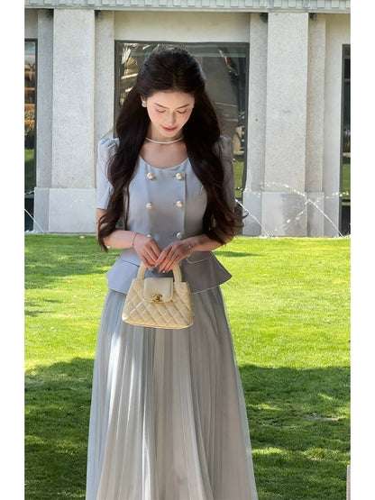 LILI Li Lijia [Sea Salt Ice Extract] Korean Gentle Style Jacket Gauze Skirt 2025 Summer New Product Blue Suit