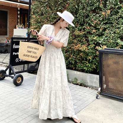Dark pink tea break French floral dress women's summer 2024 new style waist slimming temperament long skirt