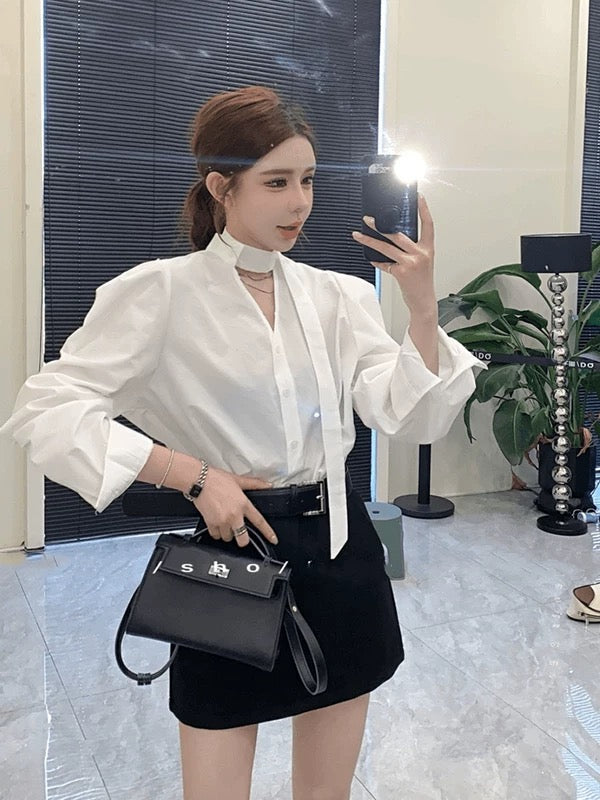 Korean style atmosphere outfit Spring and autumn 2025 new women's clothing hot-selling shirt light luxury high-end V-neck top