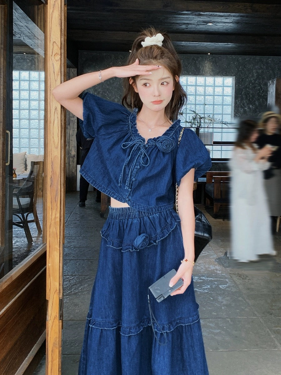 Dark blue denim puff sleeve top suit summer women's 2024 new style this year's popular Hong Kong style skirt two-piece set