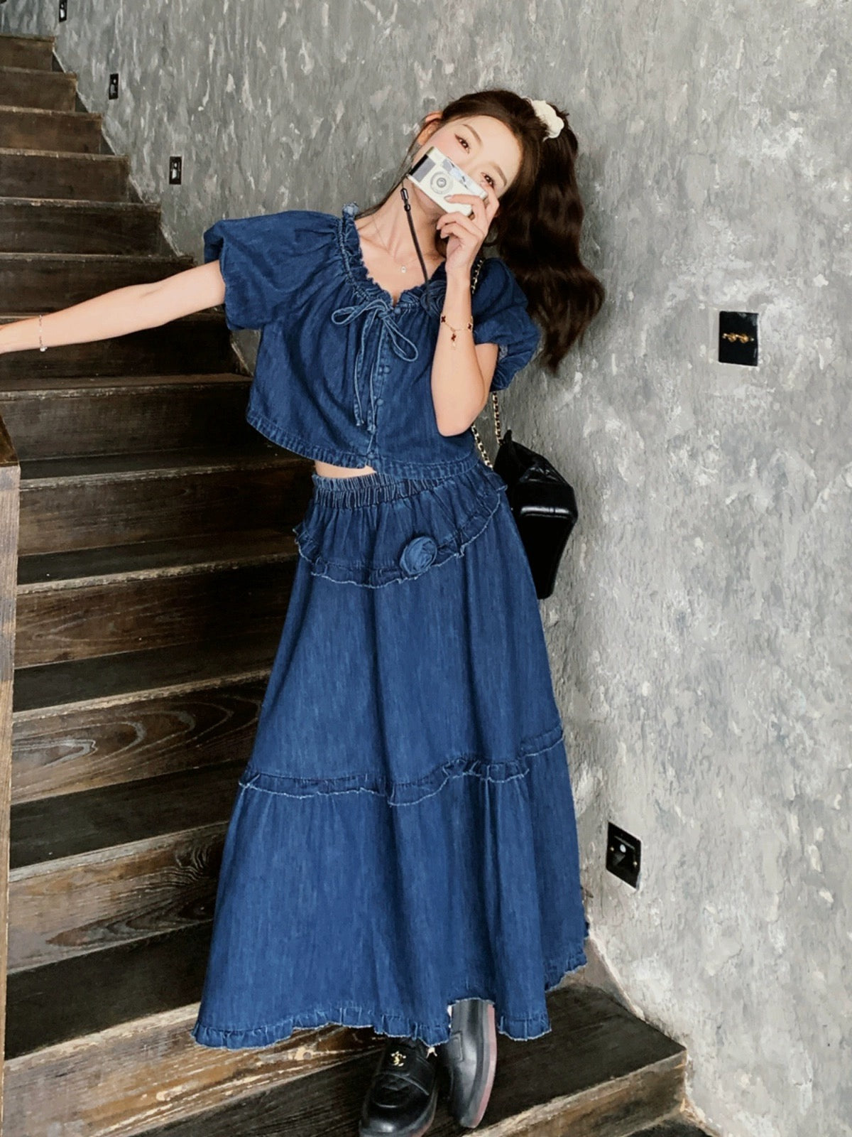 Dark blue denim puff sleeve top suit summer women's 2024 new style thi –  Lee Nhi Boutique