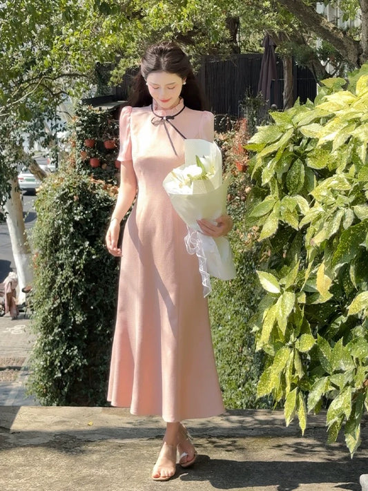 LILI Li Lijia [Peach Oolong] Korean gentle style long skirt 2025 summer new product slim fishtail dress