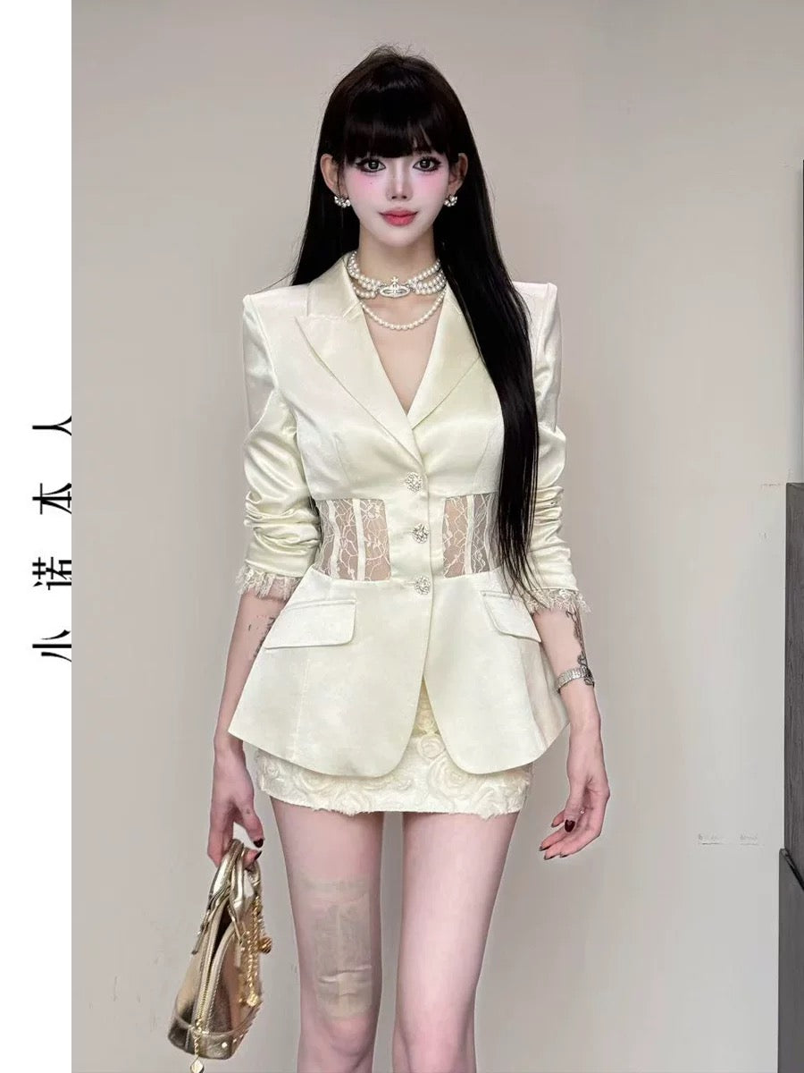 Xiao Nuo's high-end suit jacket 2025 temperament hollow lace suit high waist skirt suit 2596