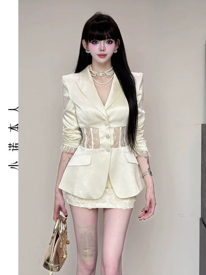 Xiao Nuo's high-end suit jacket 2025 temperament hollow lace suit high waist skirt suit 2596