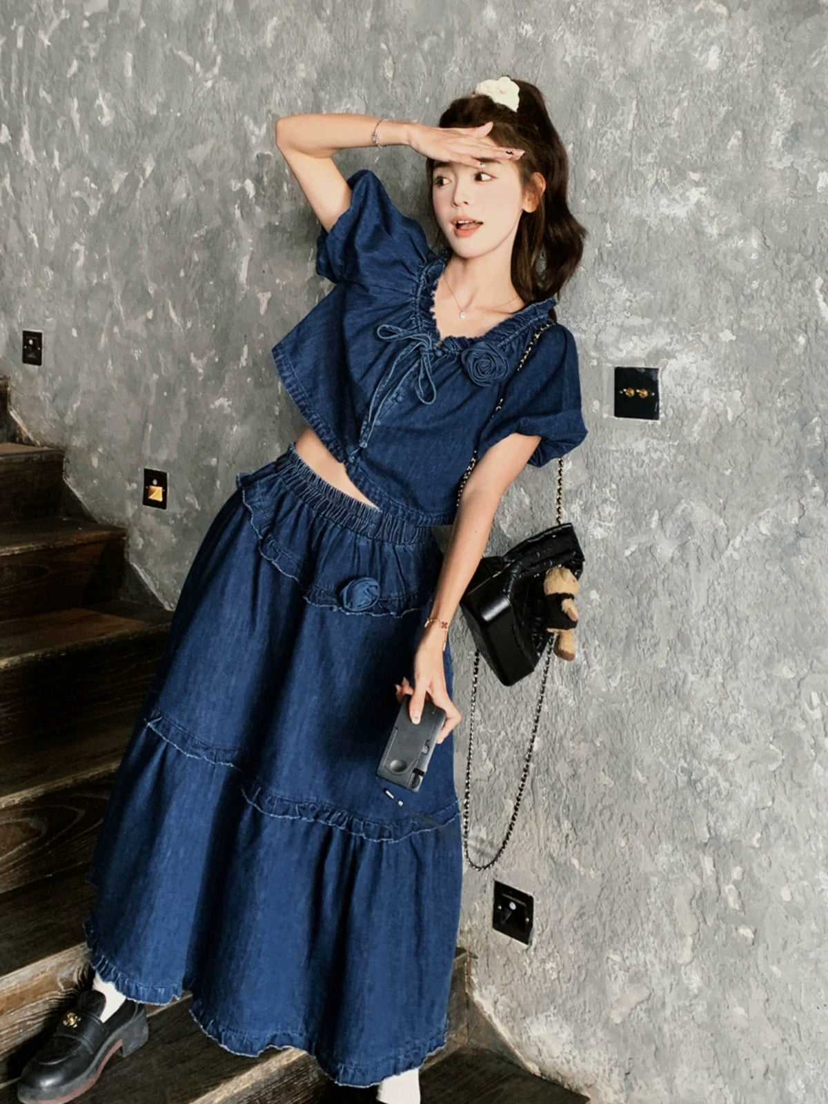 Dark blue denim puff sleeve top suit summer women's 2024 new style this year's popular Hong Kong style skirt two-piece set
