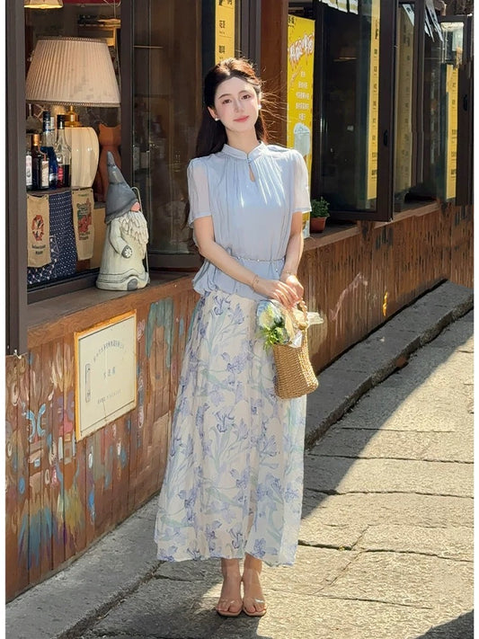 LILI Li Lijia [Summer Lily] 2025 Summer New Cool Chiffon Top Printed Skirt Set