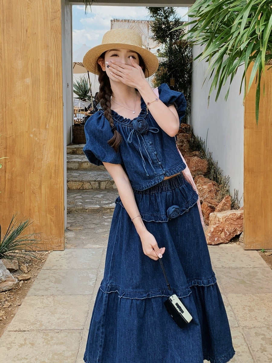 Dark blue denim puff sleeve top suit summer women's 2024 new style this year's popular Hong Kong style skirt two-piece set
