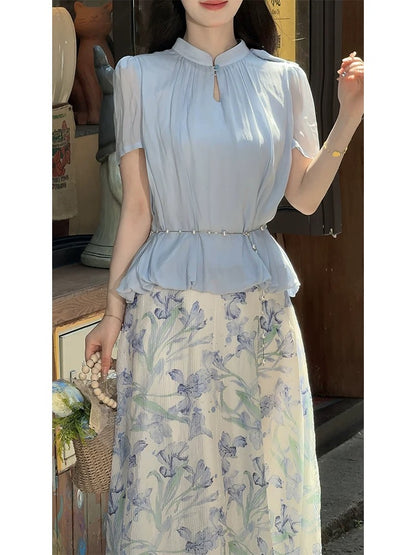 LILI Li Lijia [Summer Lily] 2025 Summer New Cool Chiffon Top Printed Skirt Set